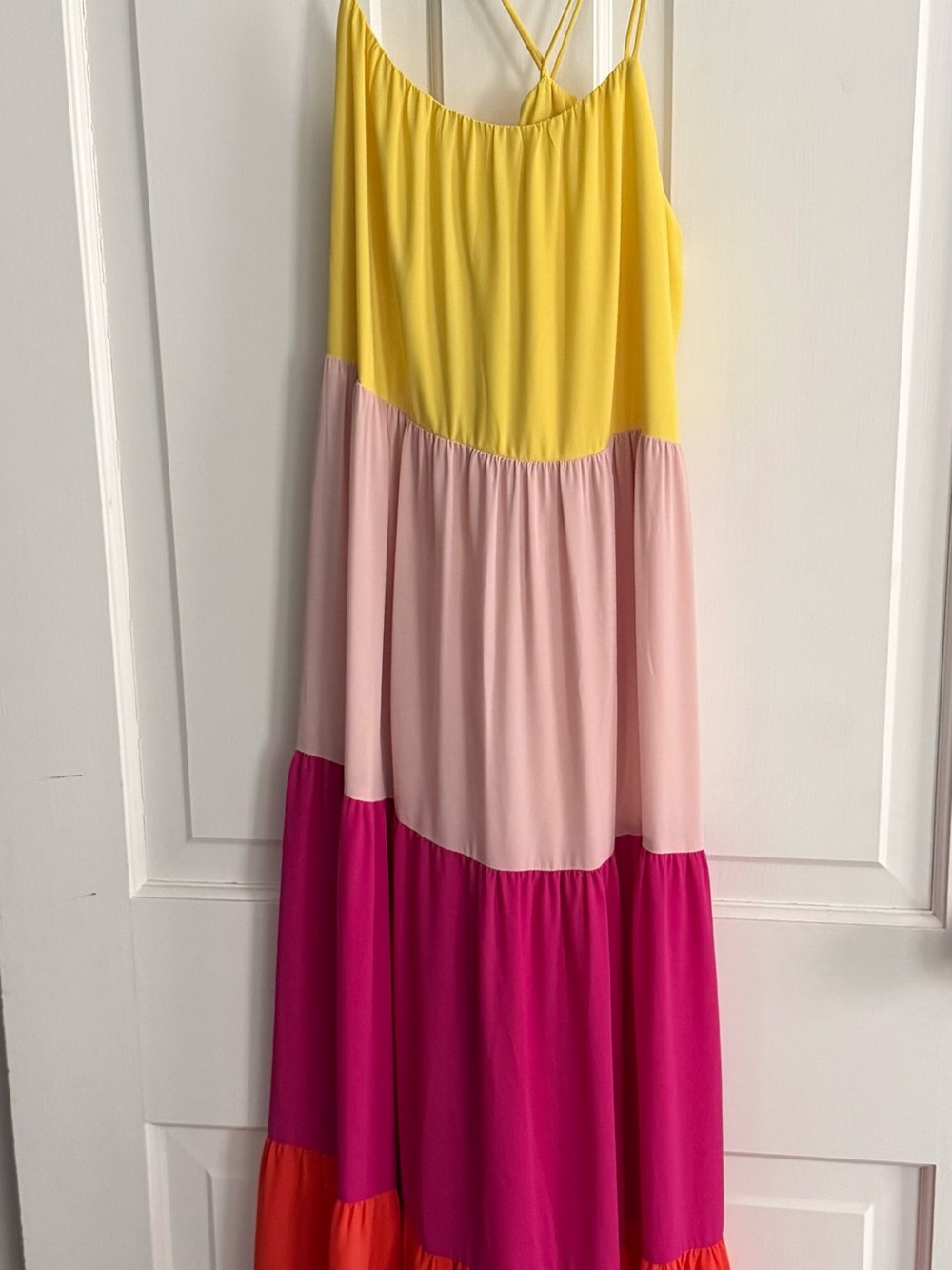 Express Colorblock Tiered Maxi Dress in Yellow, Light Pink, Fuchsia like New M